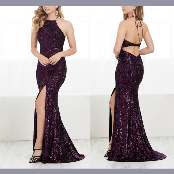 NWT Tiffany‎ Designs [ 2 ] Sequined Halter High Slit Gown in Purple - Picture 1 of 12